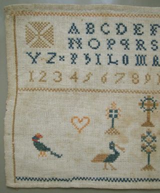 1850 ANTIQUE BELGIAN CROSS STITCH NEEDLEWORK SAMPLER ALPHABET BIRDS HEART 2