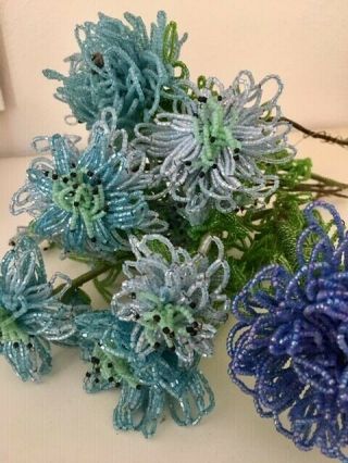 Vintage French Seed Beaded Flowers,  Blue Mums 8 Stems