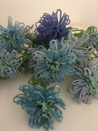 Vintage French Seed Beaded Flowers,  BLUE MUMS 8 stems 2