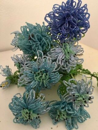 Vintage French Seed Beaded Flowers,  BLUE MUMS 8 stems 3