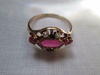 Fine Antique Vtg Victorian 10k Gold Seed Pearl And Ruby ? Ring Size 8 Charming