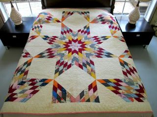 Stained But Impressive Vintage Bursting Star Feed Sack Hand Sewn Quilt; 73 " Sq