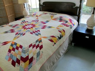 STAINED But Impressive Vintage BURSTING STAR Feed Sack Hand Sewn Quilt; 73 