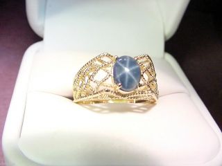 Blue Star Sapphire 1.  14 Cts 14k Gold Filigree Ring