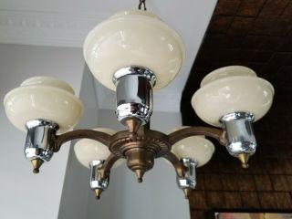 Vtg Art Deco 5 Slip Milk Glass Shade Hanging Chandelier Ceiling Light W Chrome