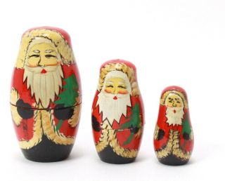 Russian Matryoska Nesting Dolls Wooden Christmas Santa - Small Vintage Set