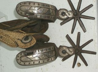 Vintage Mexican Spurs Silver Overlay Snake Floral Line Design 3 " - 8 Pt Rowels