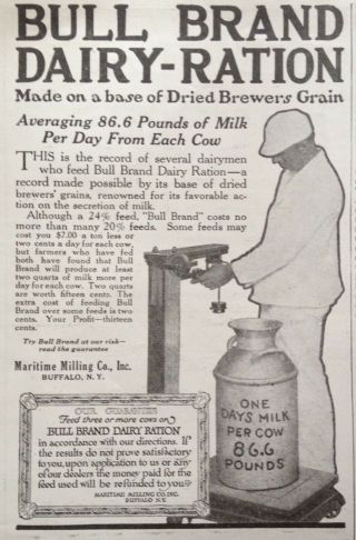 1920 Ad (xf2) Maritmie Milling Co.  Buffalo,  Ny.  Bull Brand Dairy Ration