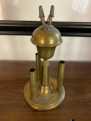19th Century 10” Tall Brass Whale Oil Lamp W/ Two Burner Tubes