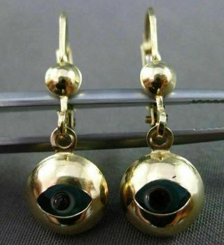 Estate 14kt Yellow Gold 3d Double Sided Evil Eye Hanging Lever Back Earrings