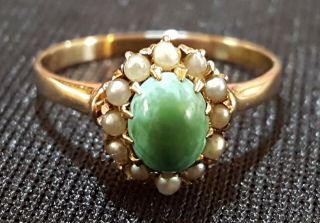 9 Carat Solid Gold Green Jade & Pearl Vintage Art Deco Antique Ring - Size K