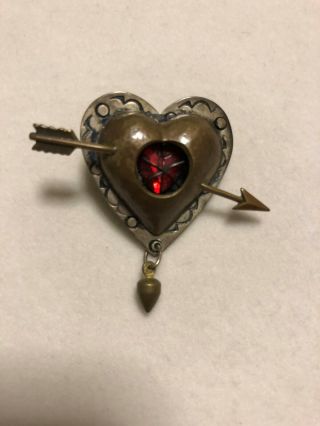 Vintage,  Early Thomas Mann Bronze " Puffed " Red Crystal Heart Pin / Brooch.