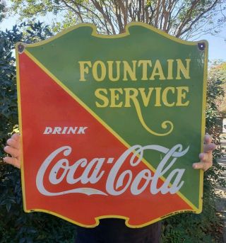 " Coca Cola Fountain Service " Porcelain Sign (dated 1933) Double Sided 22 1/2x25”