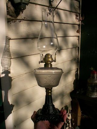 Scarce Old Ornate 1870s Star Font Cast Iron Base Antique Pedestal Oil Lamp