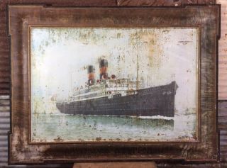 Rare Antique Scandinavian American Line Frederick Viii Self Framed Tin Ship Sign