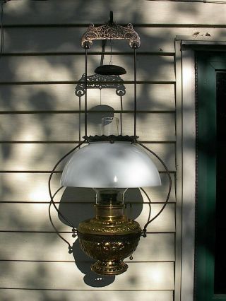 Old Large Ornate 1890s Brass Rochester Antique Hanging Oil Lamp