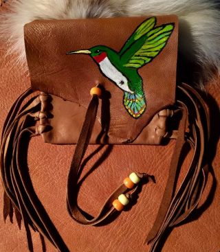 Hummingbird Hand Painted Lambskin Medicine Bag,  With Fringe And Pony Beads.