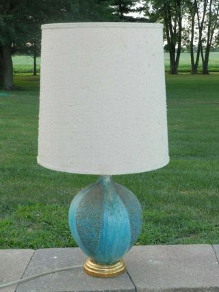 Vtg Mcm 50s 60s Aqua Blue Gold Lava Glaze Ceramic Lamp With Shade Turquoise