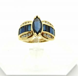 Vintage 14k Yellow Gold Marquise Cut Blue Sapphire & Diamonds Ring