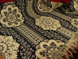 Antique Vintage Early 1800s Wool & Cotton Coverlet Blanket Indigo Blue