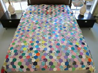 Vintage Feed Sack,  Many Prints,  Hand Pieced Honeycomb Hexie Quilt Top; 83 " X 76 "