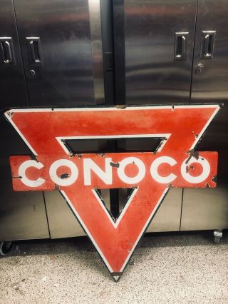 Conoco Porcelain Double - Sided Triangle Hanger Veribright Sign Oil Gas