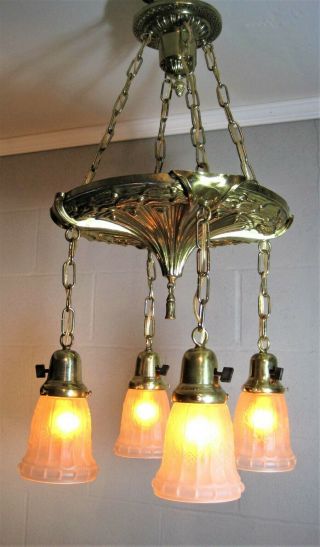 Chandelier Antique Victorian Solid Brass Restored Frosted Floral Shades Exc.