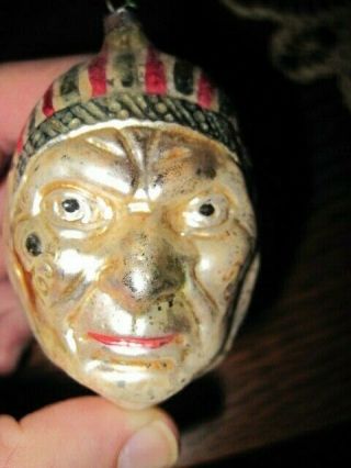 Vintage German Christmas Glass Ornament Large Grim - Faced Indian Head