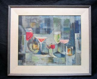 Vintage Mid Century Modern Oil Painting Listed Artist Happy Hour Cocktails Bar