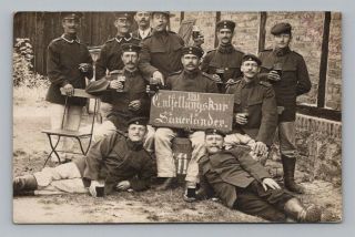 Antique Ww1 German Real Photo Rppc Postcard Uniform Soldiers Drinking Beer Comic