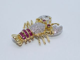 14k Yellow Gold Red Ruby And Round White Diamond Lobster Pin And Necklace