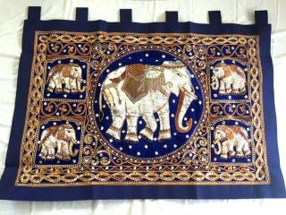 Elephant Thai Culture Tapestry Hand Made Blue Sequined Curtain Wall Hang