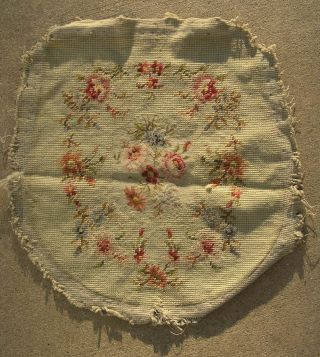 Antique Needlepoint Petit Point Wool Silk Panel Floral Flowers Motif 16x17 "