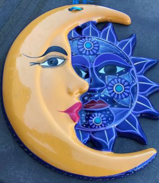 15 " Xl Sun Moon Eclipse Mexican Ceramic Wall Hanging Folk Art Decor