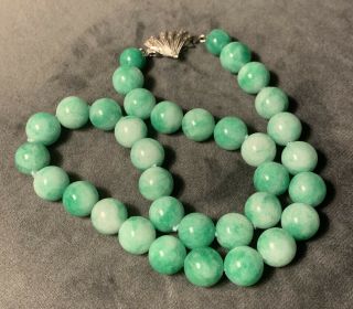 Estate Vintage Natural Jade Bead Necklace With Platinum And Diamond Clasp