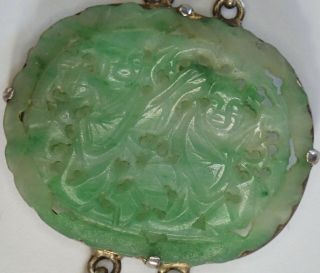Antique Chinese Engraved Sterling Silver Carved Moss On Snow Jade Bracelet