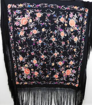 Vintage Antique 1920s Colorful Heavy Embroidered Floral Canton Silk Piano Shawl