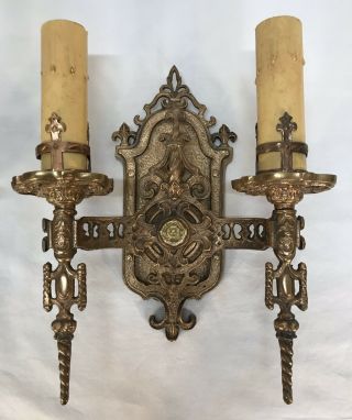 Pair Antique Early 20th C Arts & Crafts Gothic HALCOLITE Brass Wall Sconces 3