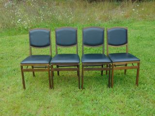 Vintage Stakmore Black Vinyl Folding Chairs Set Of 4 Mid Century Modern