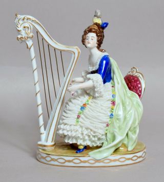 Wonderful Antique Vintage German Porcelain Lace Figure Lady Playing The Harp
