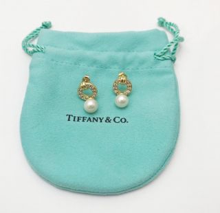 . Elegant Tiffany & Co.  18k Yellow Gold Diamond & Pearl Earrings Bridal