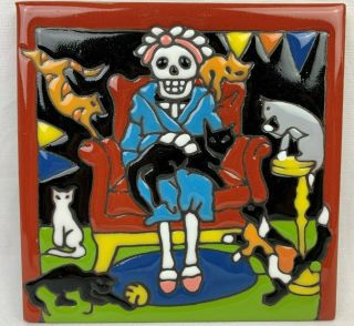 6 " Mexican Talavera High Relief Tile Day Of The Dead Elderly Lady With Cats