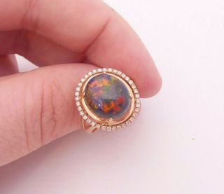 18ct Rose Gold Fiery Black Opal Diamond Ring,  Art Deco Design
