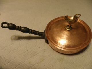 Vintage Hammered Copper Saute Pan,  Rooster Finial,  2.  9 Mm Thick,  Weighs 3lbs 2 O