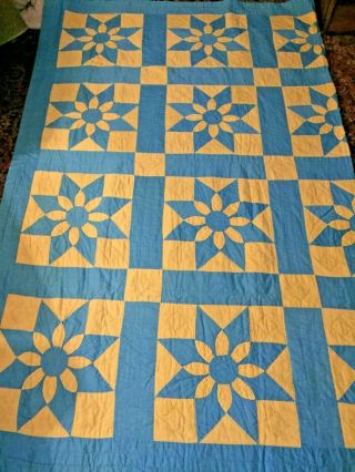 Vintage Hand Pieced Stitched Blue Yellow Eight Point Star Flower Quilt 80x100