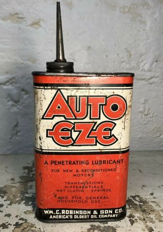 Rare 1930s Autolite Auto Eze Wm C Robinson Baltimore Oil Oiler Can Sign Gas Vtg