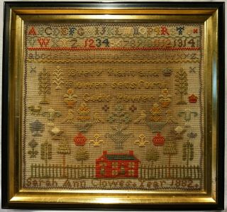 Late 19th Century Red House,  Motif & Verse Sampler By Sarah Ann Clowes - 1882