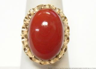 12.  75ct Oxblood Red Coral Cabochon 18k Gold Ring Vintage Retro Deco Statement