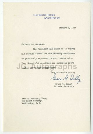 Grace Tully - Private Secretary To Franklin D.  Roosevelt - Signed Letter,  1944