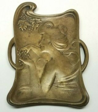 Antique Bronze Art Nouveau Lady W/ Grapes Ash Tray Change Dish Pin Holder 5 "